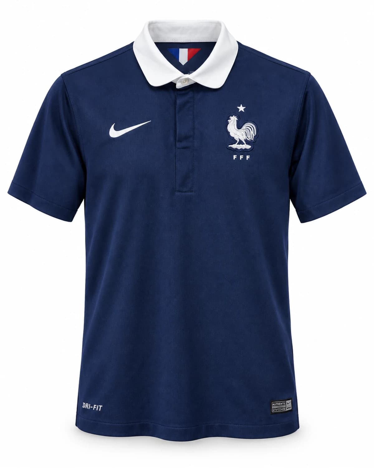 France jersey in dark navy with white crest and collar, viewed from the front